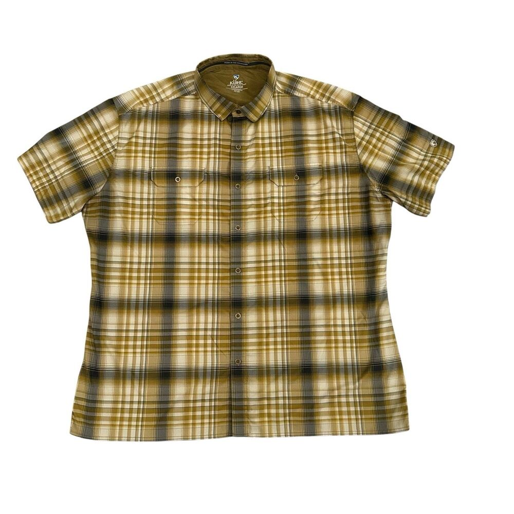 Kuhl Response Shirt Mens XXL Yellow Plaid Short Sleeve Button Up Hiking Outdoor